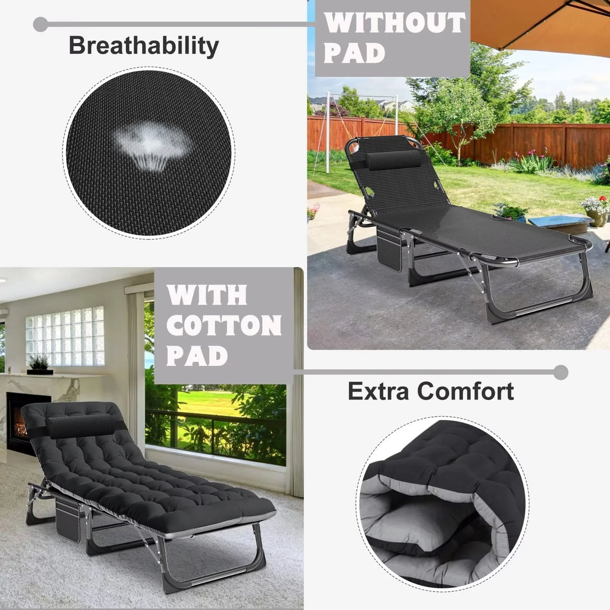 MOPHOTO Lounge Chair with Mattress, Outdoor Chaise Lounge Support 440 lb, Adjustable Portable Heavy Duty Sleeping Cots Bed for Camping, Pool, Beach, Patio
