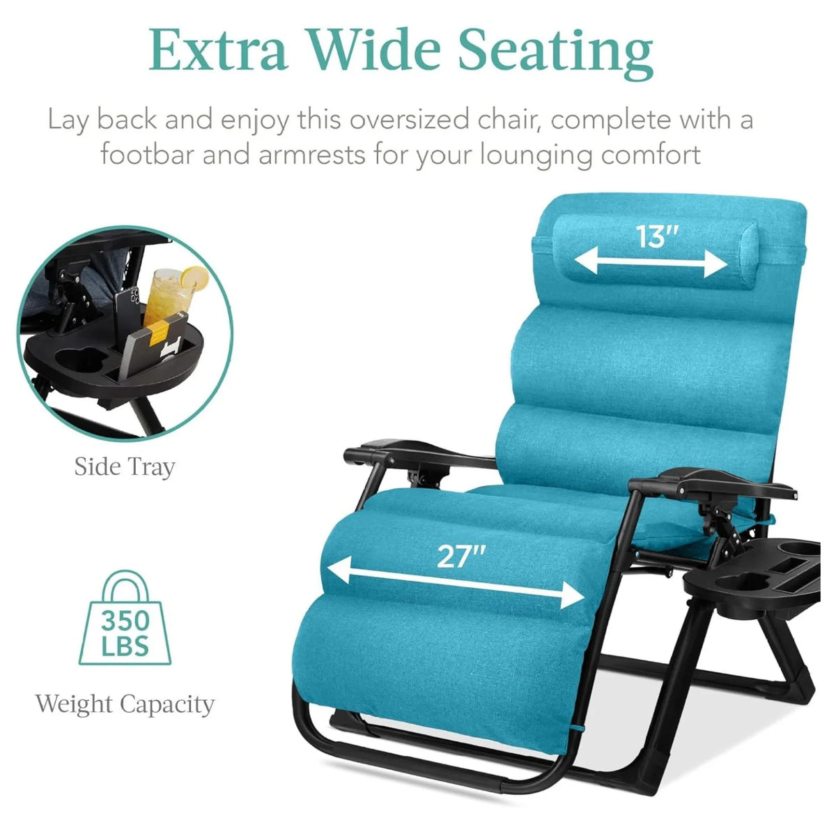 Oversized Chair, Folding Outdoor Patio Recliner, XL Anti Gravity Lounger W/Removable Cushion, Cup Holder, Side Tray, 350 lb Capacity - Taupe