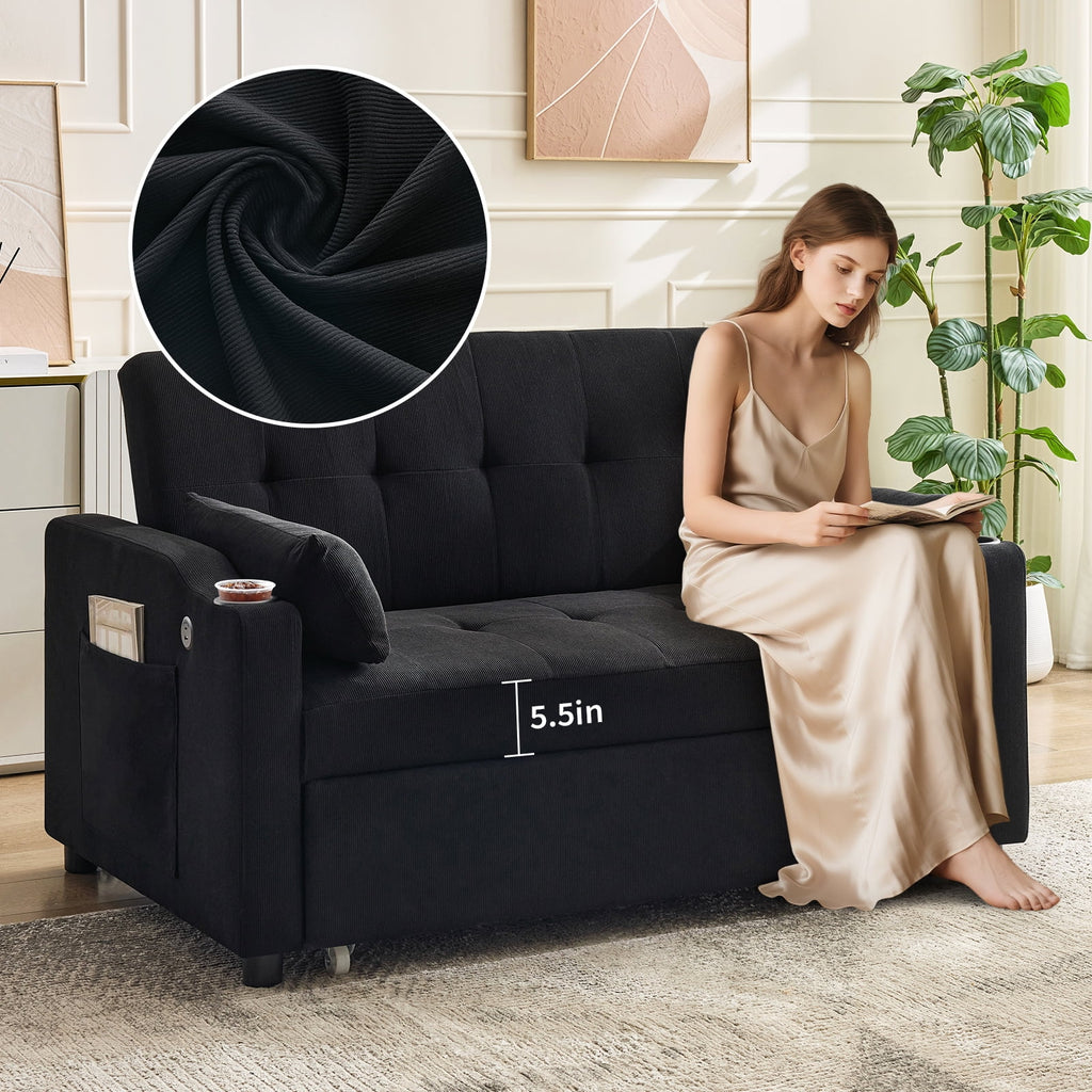 3 in 1 Convertible Sleeper Sofa Bed, Corduroy Futon Couches with Pull - Out Bed, Adjustable Backrest, Charging Port & Side Pockets, Modern Upholstered Sofa for Living Room, Guest Room
