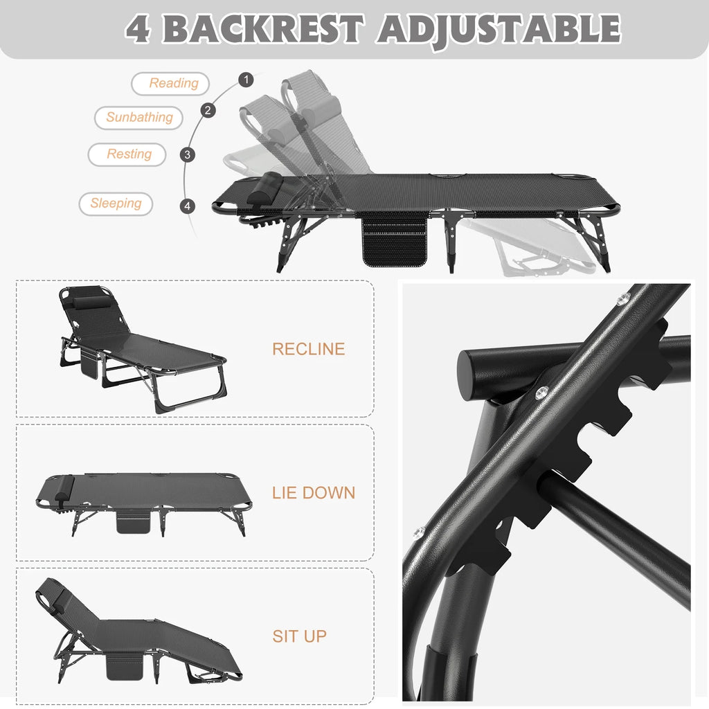 MOPHOTO Lounge Chair with Mattress, Outdoor Chaise Lounge Support 440 lb, Adjustable Portable Heavy Duty Sleeping Cots Bed for Camping, Pool, Beach, Patio