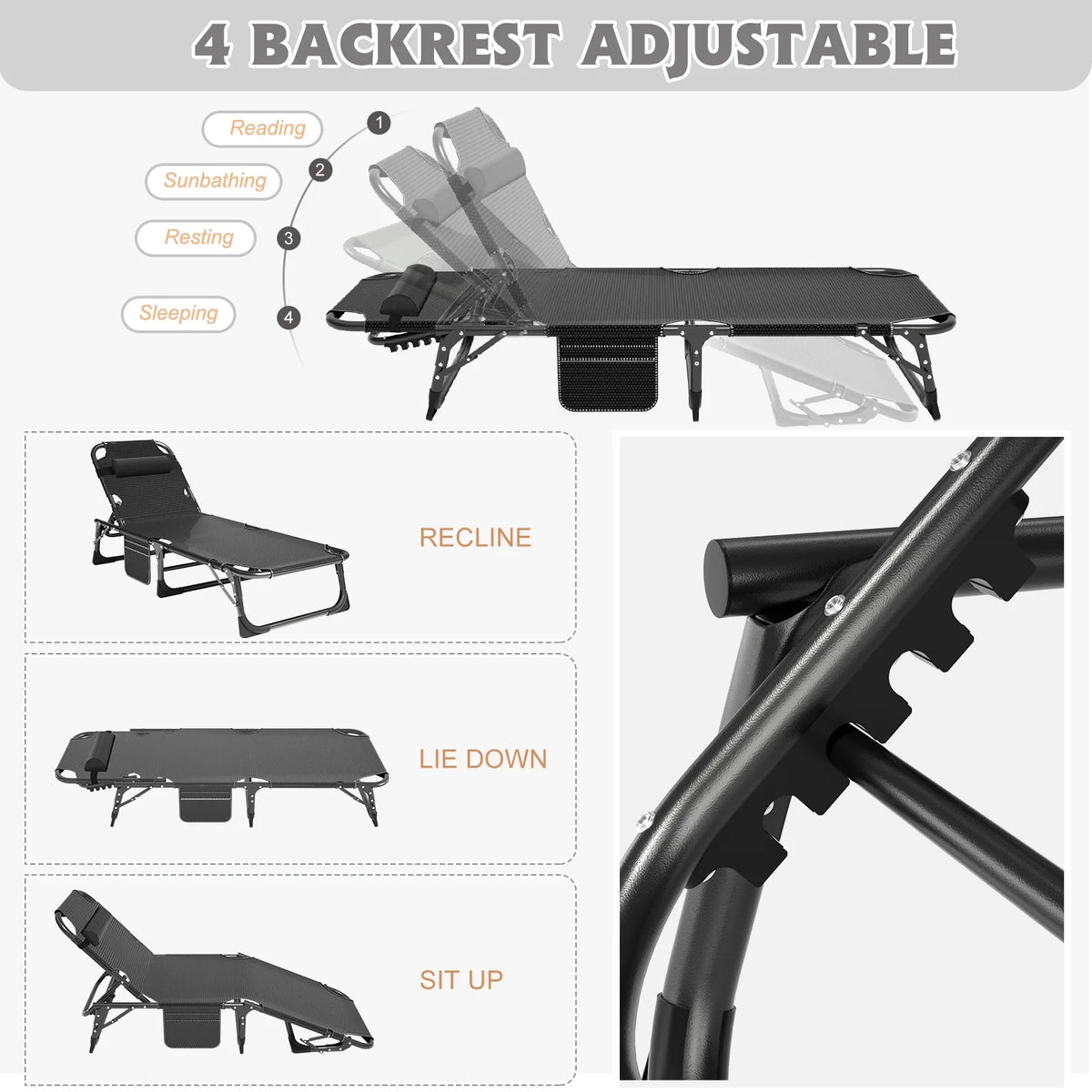 MOPHOTO Lounge Chair with Mattress, Outdoor Chaise Lounge Support 440 lb, Adjustable Portable Heavy Duty Sleeping Cots Bed for Camping, Pool, Beach, Patio