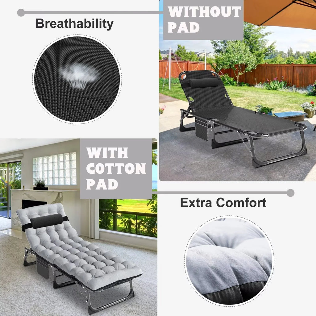 MOPHOTO Lounge Chair with Mattress, Outdoor Chaise Lounge Support 440 lb, Adjustable Portable Heavy Duty Sleeping Cots Bed for Camping, Pool, Beach, Patio
