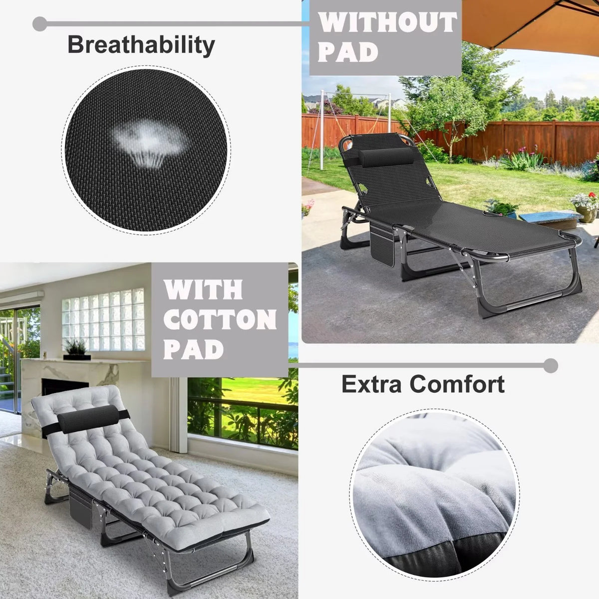 MOPHOTO Lounge Chair with Mattress, Outdoor Chaise Lounge Support 440 lb, Adjustable Portable Heavy Duty Sleeping Cots Bed for Camping, Pool, Beach, Patio