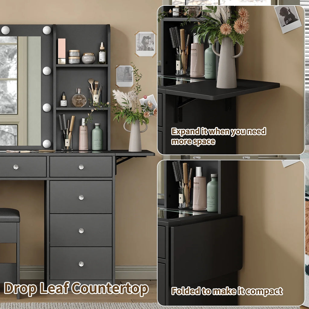 Yanosaku Vanity with Power Outlet, Vanity Desk with Mirror and 10 LED Lights, 10 Drawers Makeup Vanity with 6 Shelves, Fold - up Panel, Vanity Table with Chair for Bedroom