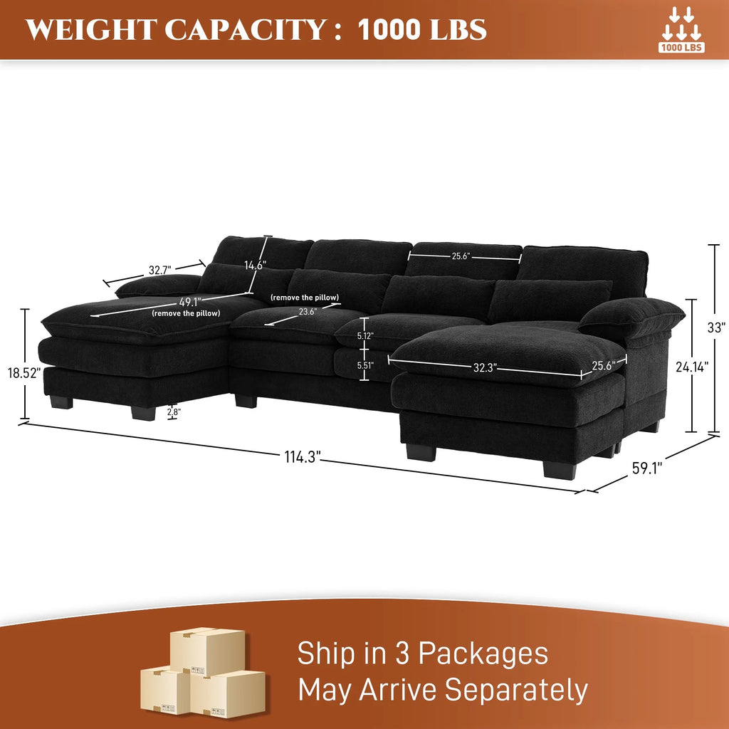 Rophefx 114.3" U Shaped Sectional Couches for Living Room, Cloud Couch, 4 Seats Chenille Couch with Double Layer Cushion, Orange