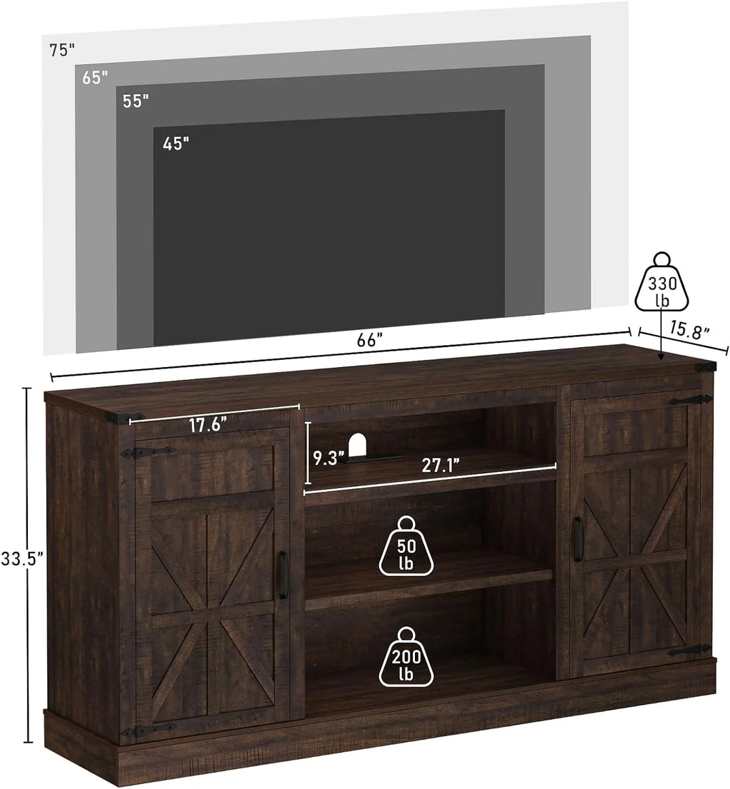 Chvans Farmhouse Barn Door TV Stand for up to 65" Tvs & 23" Electric Fireplace, Entertainment Center Console Table with Adjustable Shevles