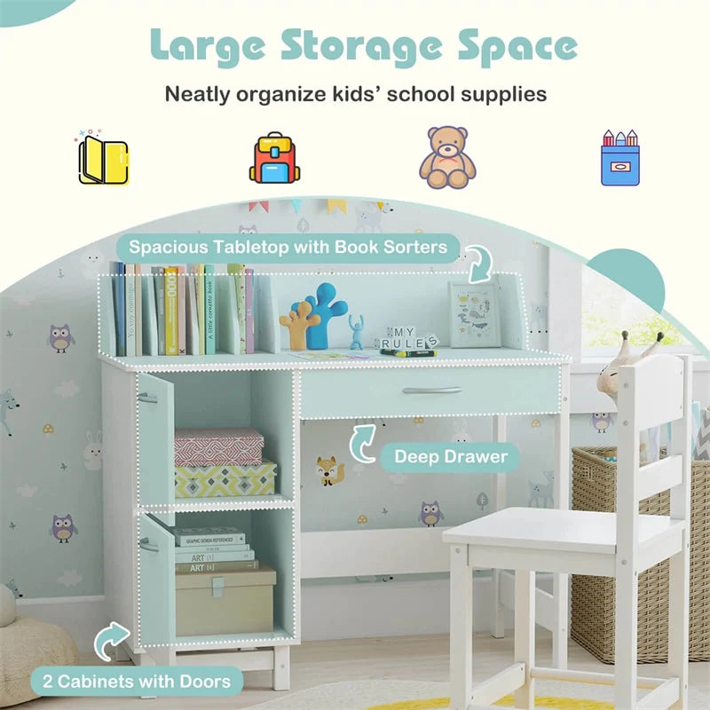 Wooden Kids Desk and Chair Set with Hutch, Storage Drawer & Cabinet, Children School Study Table Writing Computer Workstation for Ages 3-8