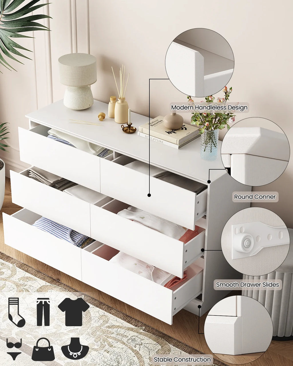 White Dressers Bedroom Dresser 6 Drawer Storage Chest of Drawers Double Dresser Storage Side Cabinet Room Furniture for Bedroom Living Room