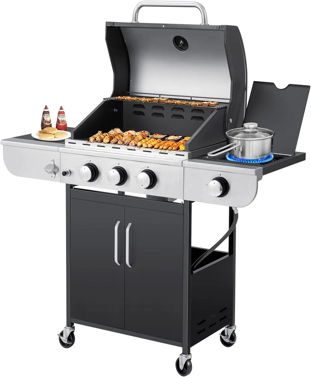 Upgraded 4 Burner Bbq Propane Gas Grill with Cast Iron Grates & Side Stove, 44,000 btu Stainless Steel Burner Barbecue Grill for Patio,…