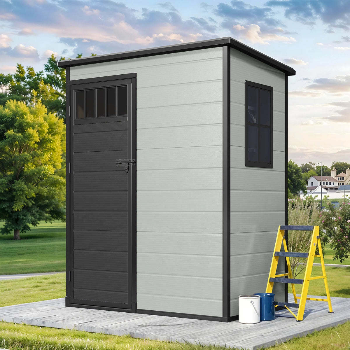 Modfusion 4.62.66.3 Ft Resin Storage Shed with Window, Floor, Plastic Roof, Storage Cabinets for Brooms Vacuum Cleaners Fits 65 to 68 in, Winter Gear Box, Black