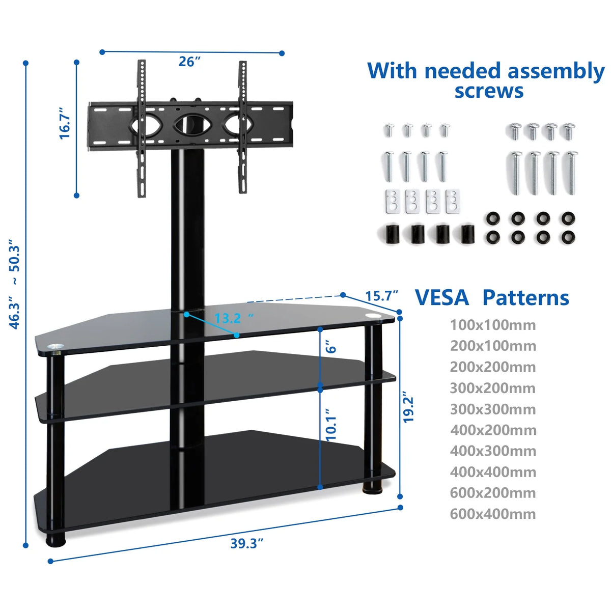 RTVR Modern 3 in 1 TV Stand with Mount for Flat Screens up to 65 in, Black Glass Corner TV Stand for Bedroom