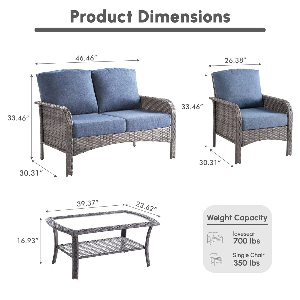 Ovios 4 Pieces Wicker Outdoor Patio Furniture with Coffee Table High Back All-Weather Rattan Outdoor Sectional Conversation Set for Backyard Porch Garden, Denim Blue