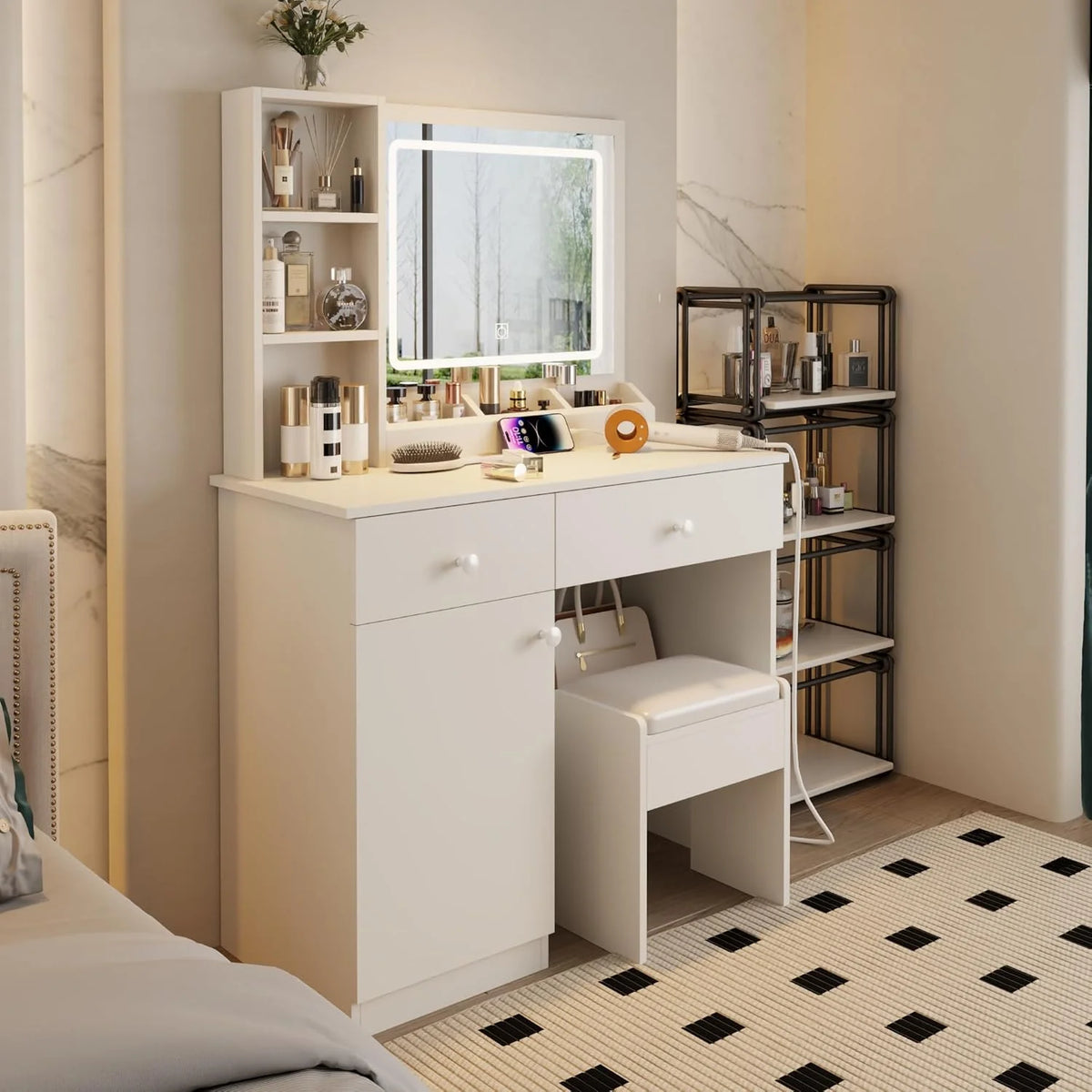 Montary Modern Mini Vanity W/Adjustable LED Mirror + Hidden Storage, Padded Stool & Dustproof Shelves (White)