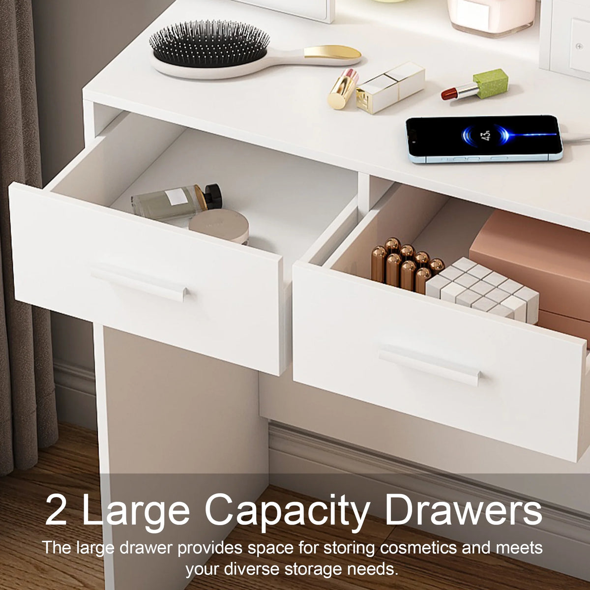 Montary Modern Mini Vanity W/Adjustable LED Mirror + Hidden Storage, Padded Stool & Dustproof Shelves (White)