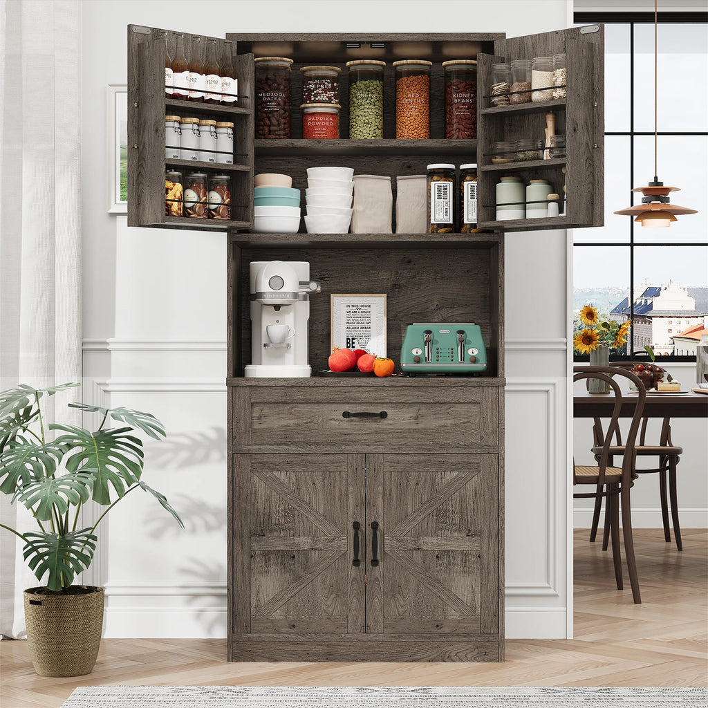 Planntonneo 71'' Tall Kitchen Pantry Storage Hutch Cabinet with Doors and Shelves, Grey Oak