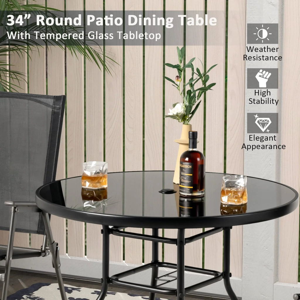 Tangkula 34 Inch Patio Dining Table, Round Tempered Glass Table with 1.5" Umbrella Hole