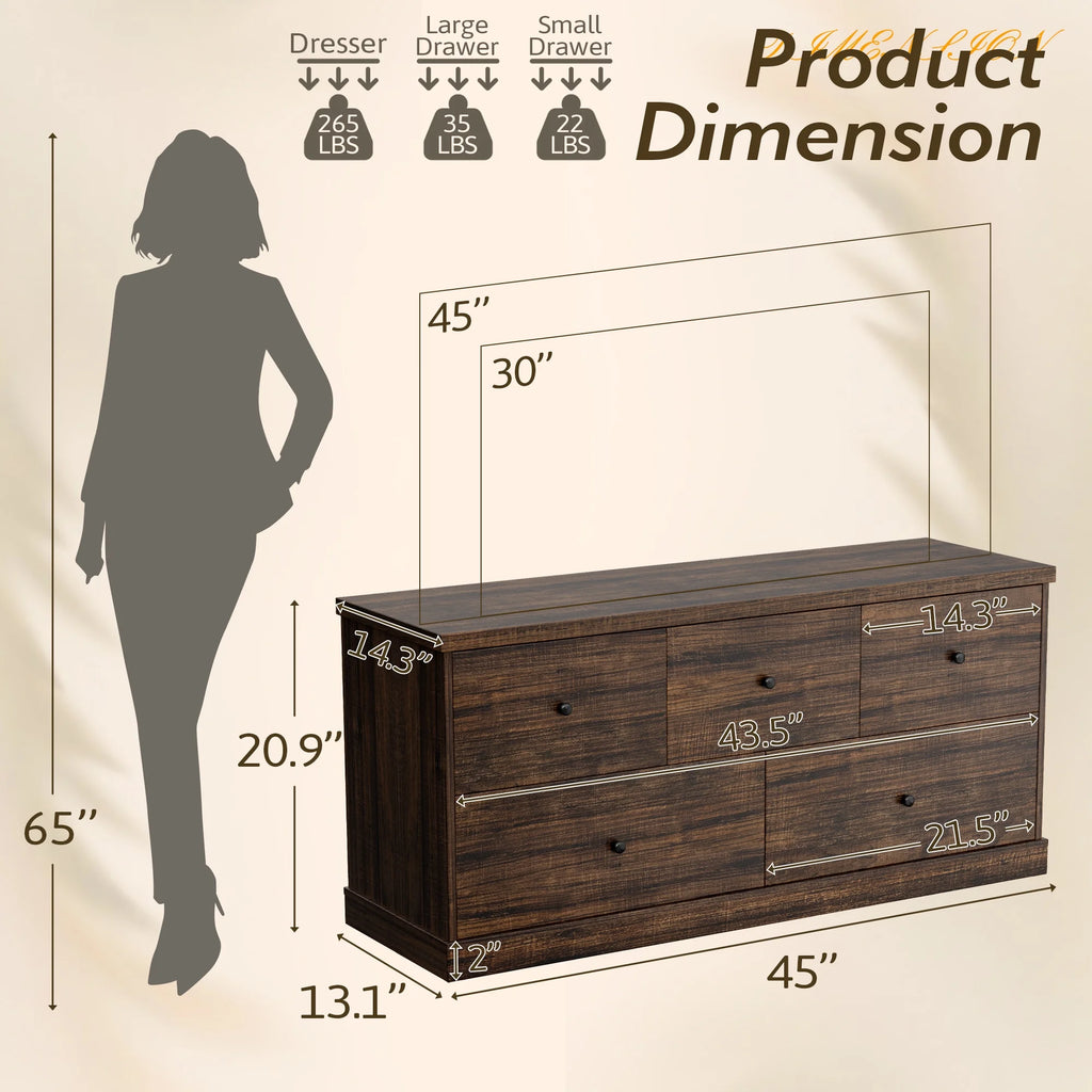 Homall 5 Drawer Dresser Wood Storage Cabinet Double Tier Chest of Drawer TV Stand for Bedroom, Living Room, Black