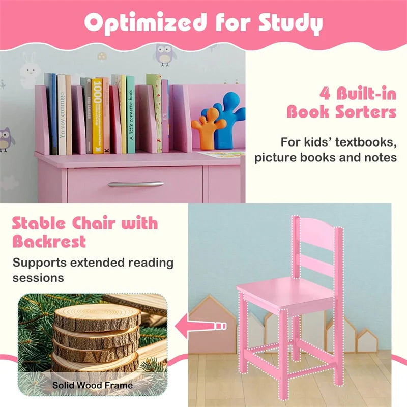 Wooden Kids Desk and Chair Set with Hutch, Storage Drawer & Cabinet, Children School Study Table Writing Computer Workstation for Ages 3-8