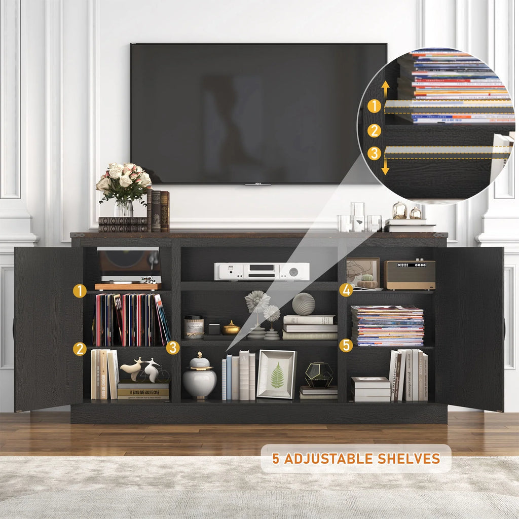 Chvans Farmhouse Barn Door TV Stand for up to 65" Tvs & 23" Electric Fireplace, Entertainment Center Console Table with Adjustable Shevles