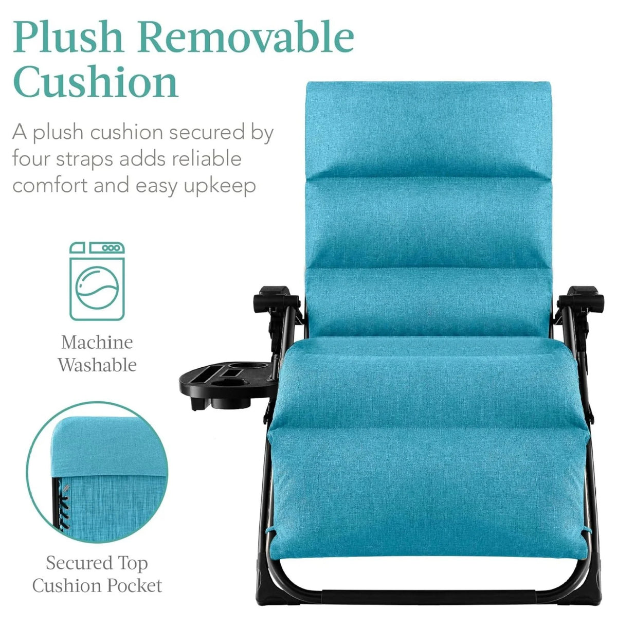 Oversized Chair, Folding Outdoor Patio Recliner, XL Anti Gravity Lounger W/Removable Cushion, Cup Holder, Side Tray, 350 lb Capacity - Taupe