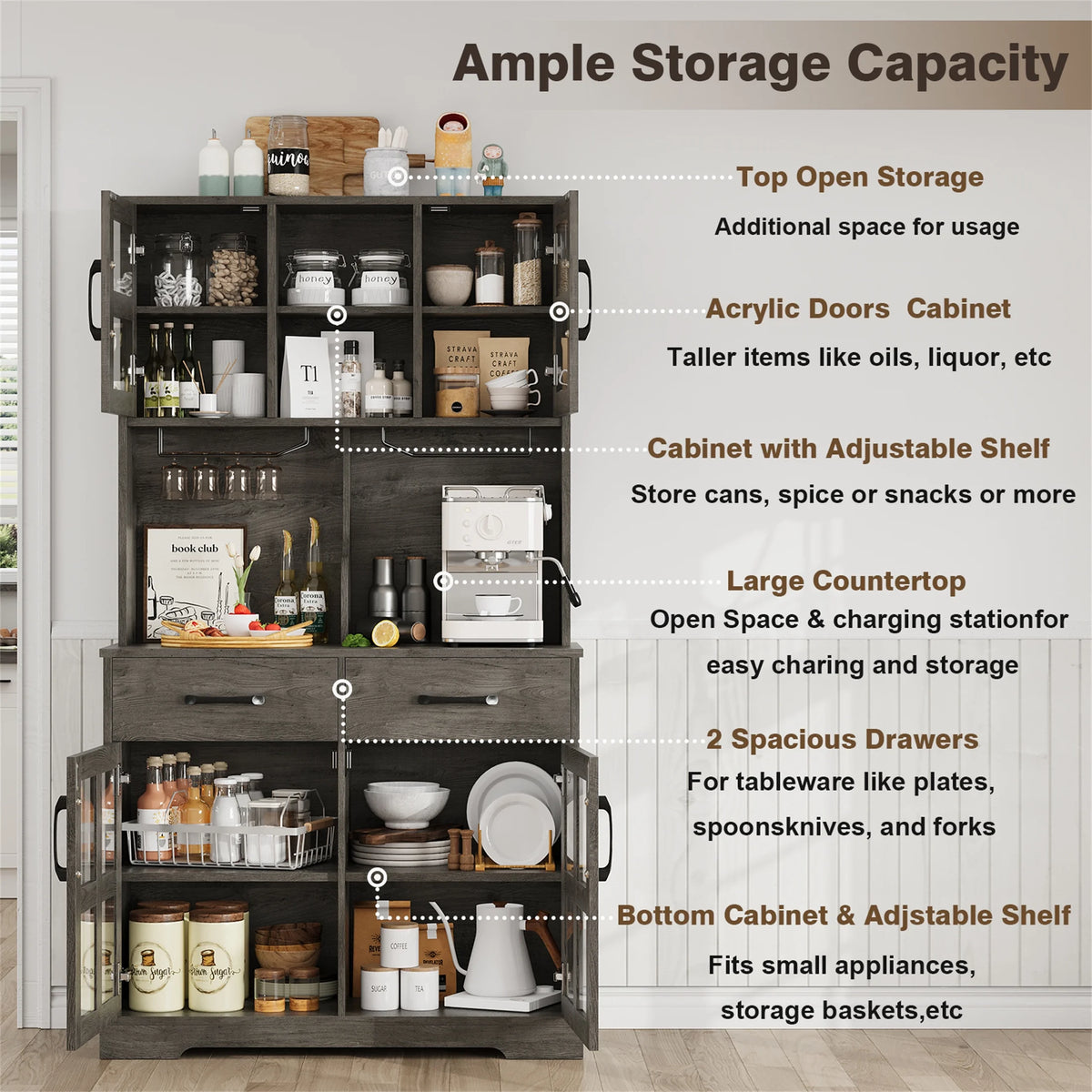 Planntonneo 71'' Tall Kitchen Pantry Storage Hutch Cabinet with Doors and Shelves, Grey Oak