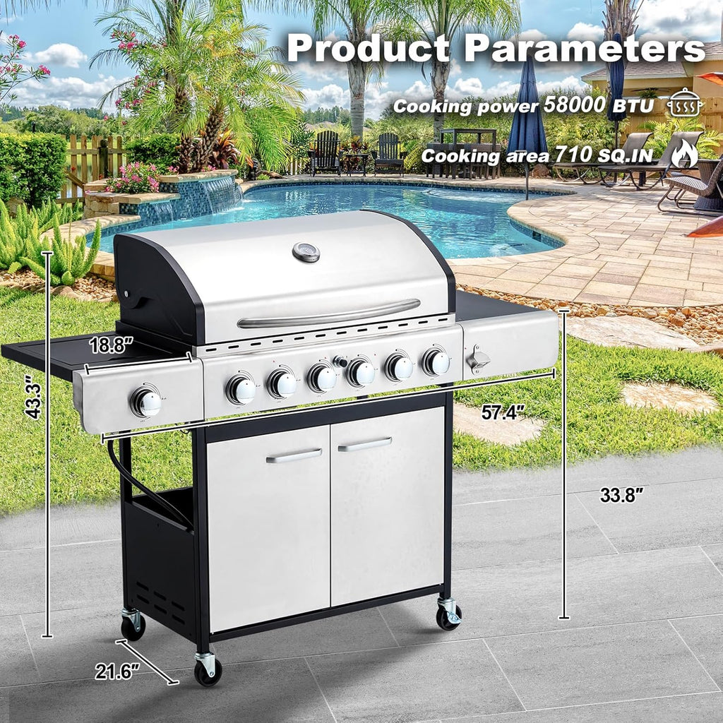 Upgraded 4 Burner Bbq Propane Gas Grill with Cast Iron Grates & Side Stove, 44,000 btu Stainless Steel Burner Barbecue Grill for Patio,…