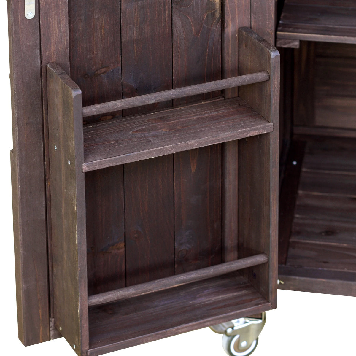 Bellemave Outdoor Serving Cart Kitchen Island Solid Wood Mobile Rolling Bar Cart with Lockable Wheels, Rack and Stainless Steel Top Beverage Storage Counter Table with Cabinet for Patio, Natural