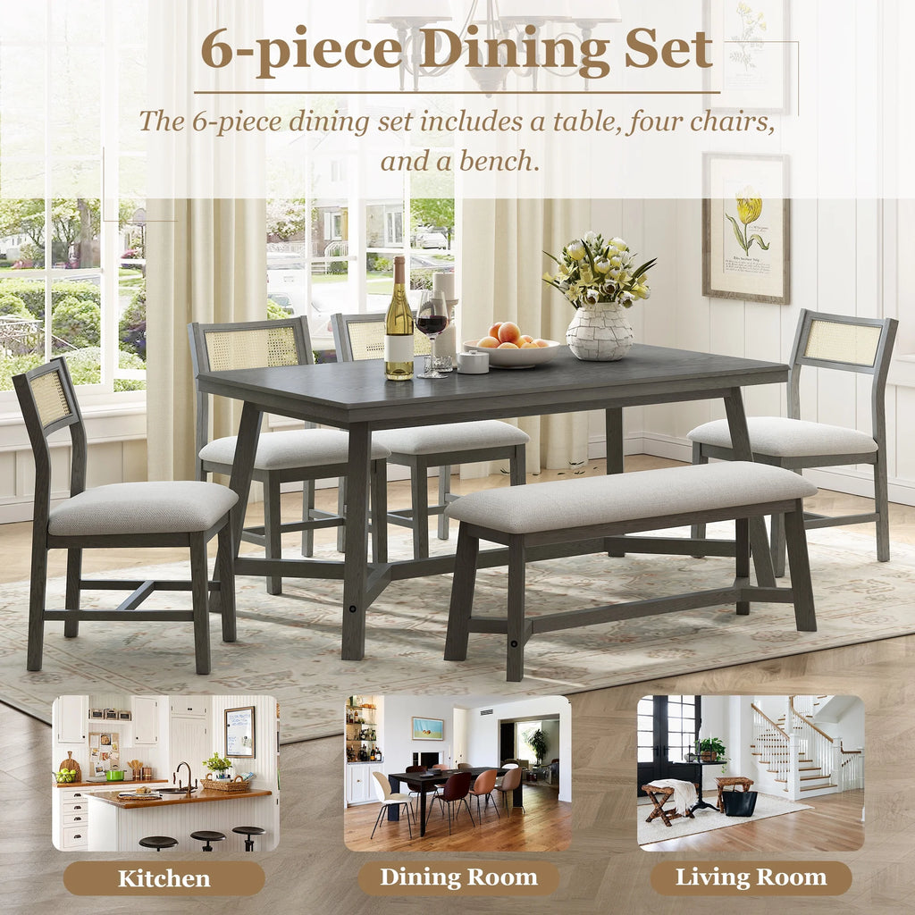 PORKISS 6 - Piece Dining Room Set, Farmhouse Dining Table Set with Bench and 4 Upholstered Chairs, Natural