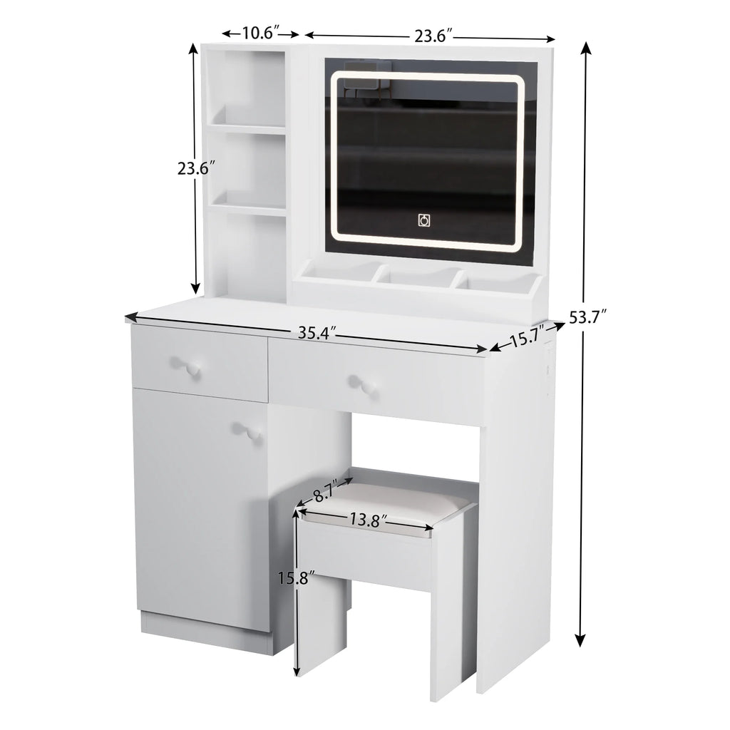 Montary Modern Mini Vanity W/Adjustable LED Mirror + Hidden Storage, Padded Stool & Dustproof Shelves (White)