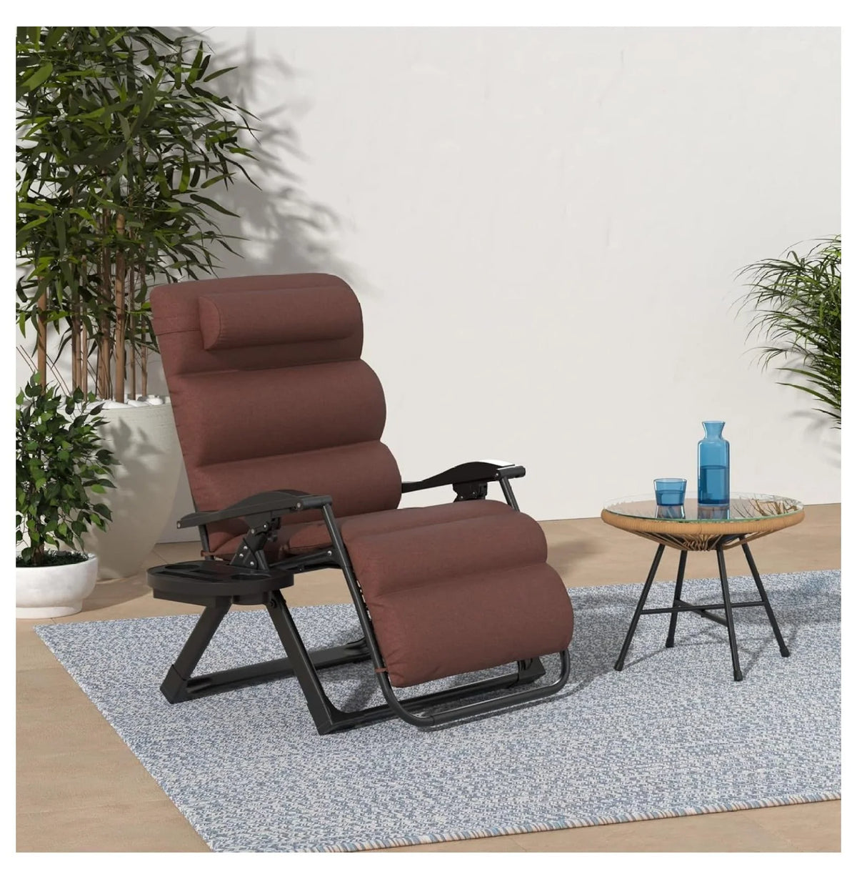 Oversized Chair, Folding Outdoor Patio Recliner, XL Anti Gravity Lounger W/Removable Cushion, Cup Holder, Side Tray, 350 lb Capacity - Taupe