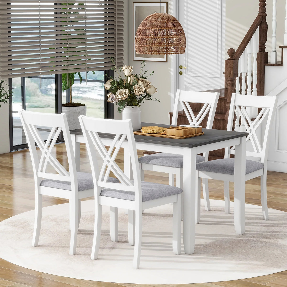 Seizeen Solid Wood Kitchen Table and Chairs, Dining Room Table Set for 4 with Gray Upholstered Chairs, Wood Grain Table Heavy - Duty Frame, Rustic Minimalist Style Breakfast Nook Set