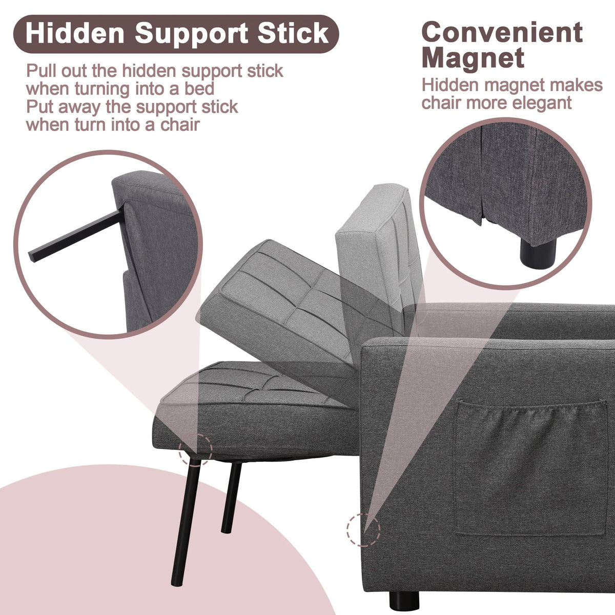 Tolead 3 - in - 1 Convertible Sofa Bed Sleeper Chair with Adjustable Backrest, Gray