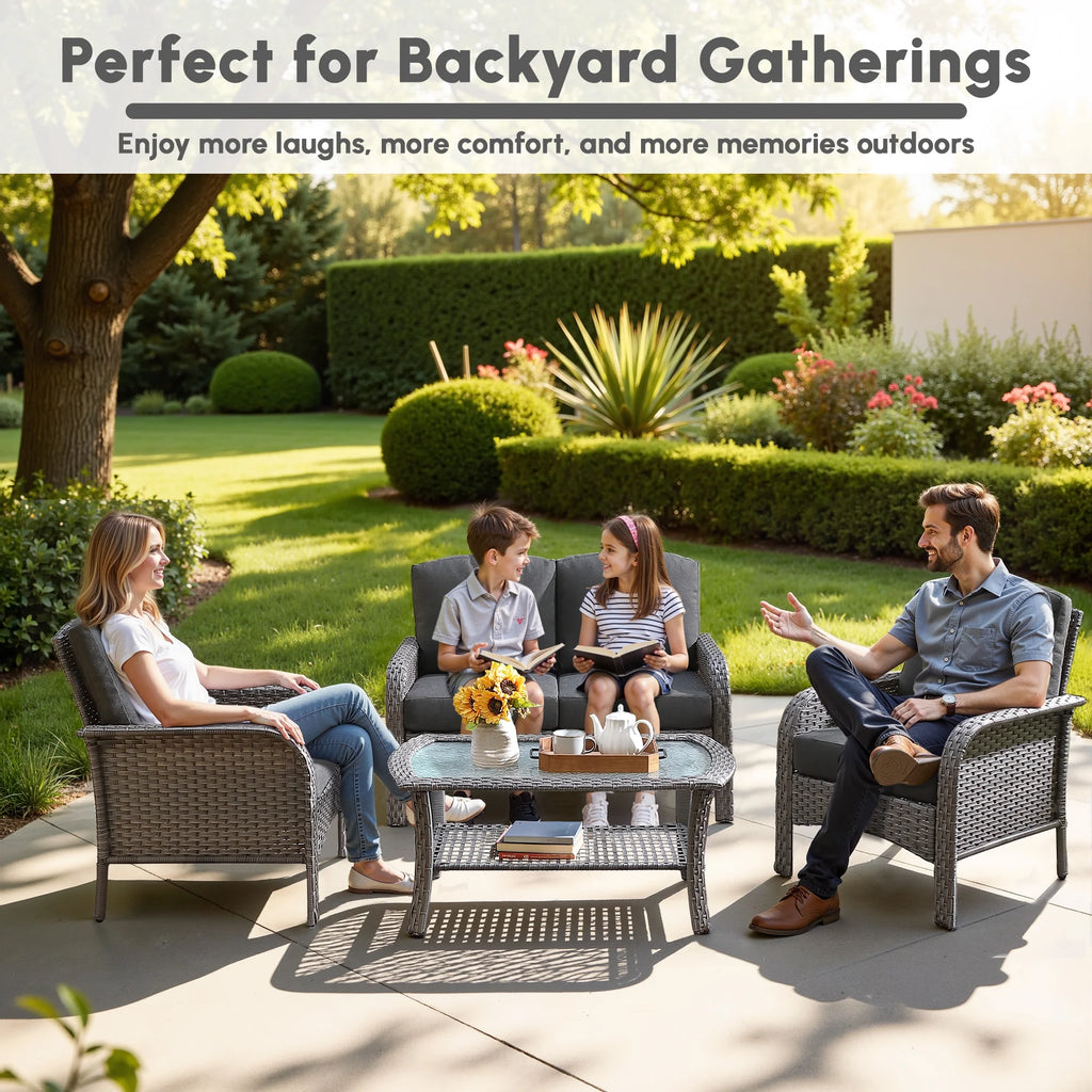 Ovios 4 Pieces Wicker Outdoor Patio Furniture with Coffee Table High Back All-Weather Rattan Outdoor Sectional Conversation Set for Backyard Porch Garden, Denim Blue
