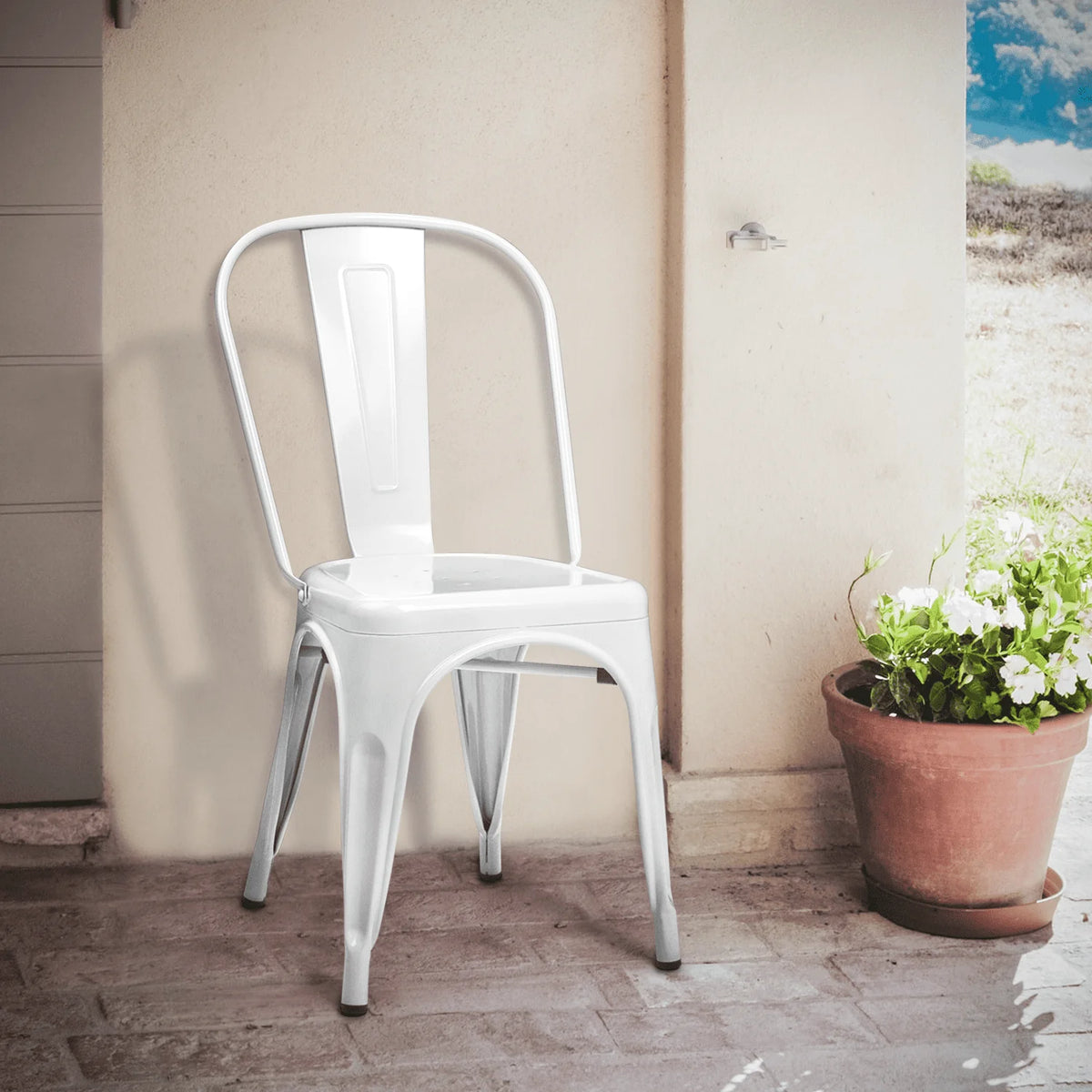 Monibloom Industrial Metal Dining Chair Set of 4, Stackable Bar Stools, for Home Patio Cafe Bar, White