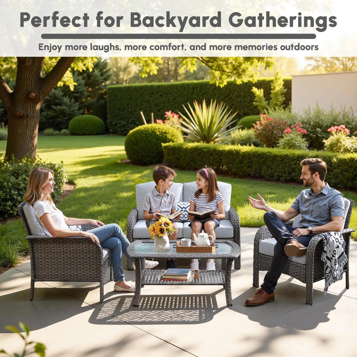 Ovios 4 Pieces Wicker Outdoor Patio Furniture with Coffee Table High Back All-Weather Rattan Outdoor Sectional Conversation Set for Backyard Porch Garden, Denim Blue