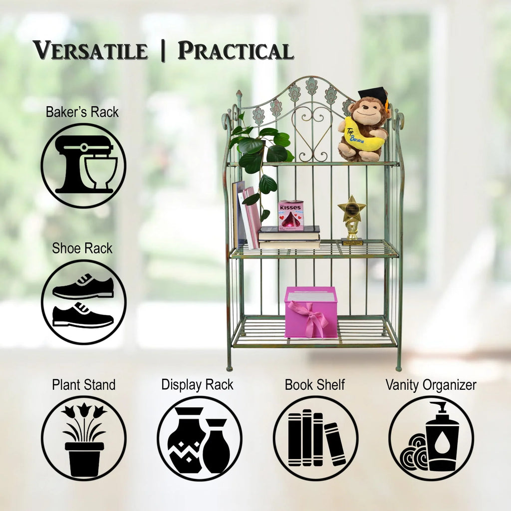 Westcharm 41 in Tall Pre - Assembled Folding Metal Shelf | Plant Stand | Shelving Unit | Bookcase | Outdoor Baker'S Rack with Scrolling Heart & Peacock Tail Motif - Verdigris Green