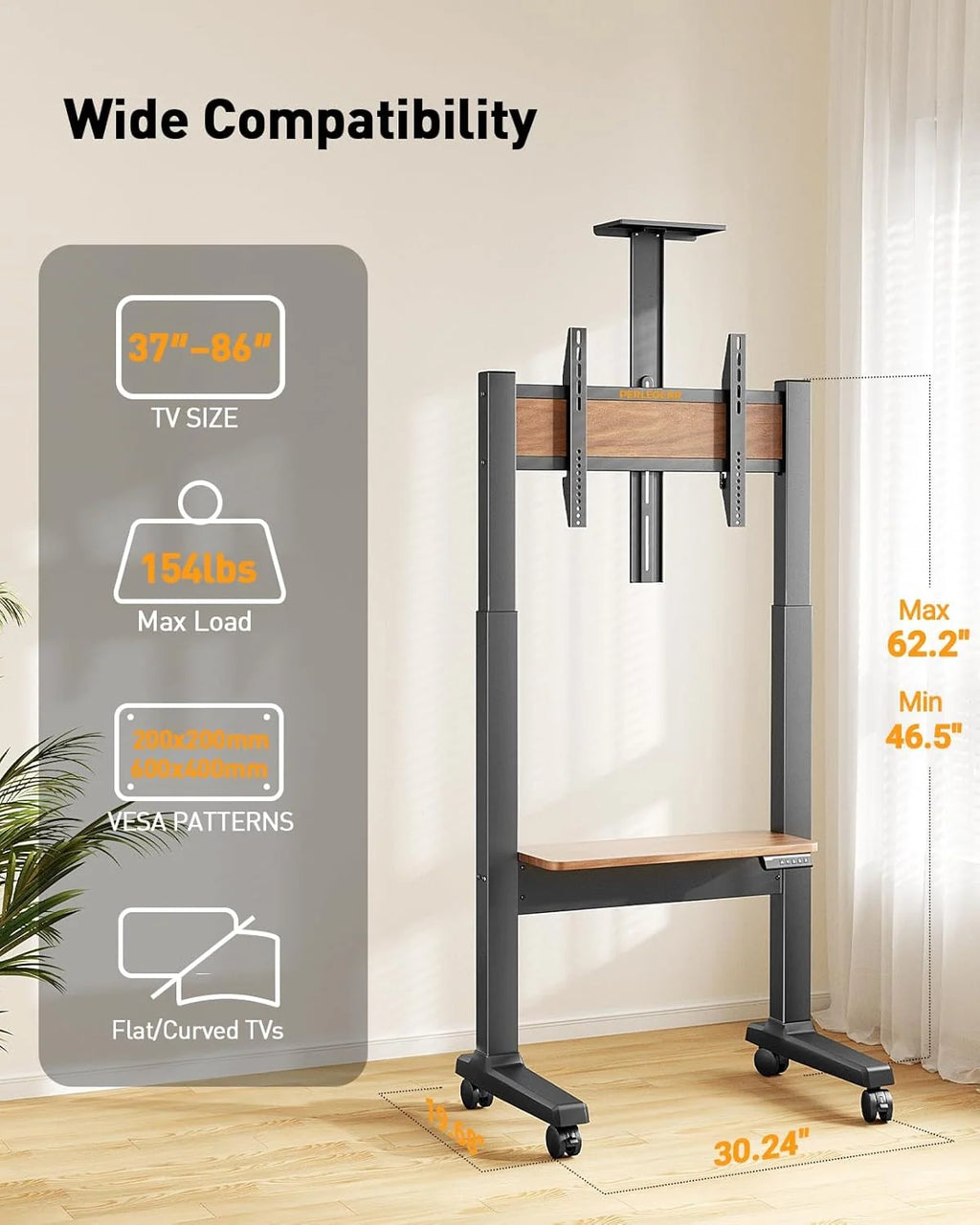 Motorized Mobile TV Stand for 37–86-Inch TVs