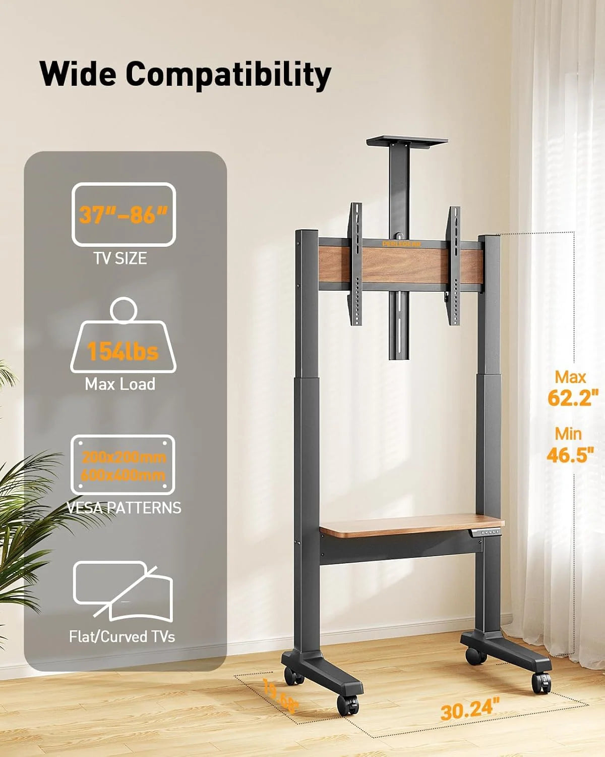 Motorized Mobile TV Stand for 37–86-Inch TVs