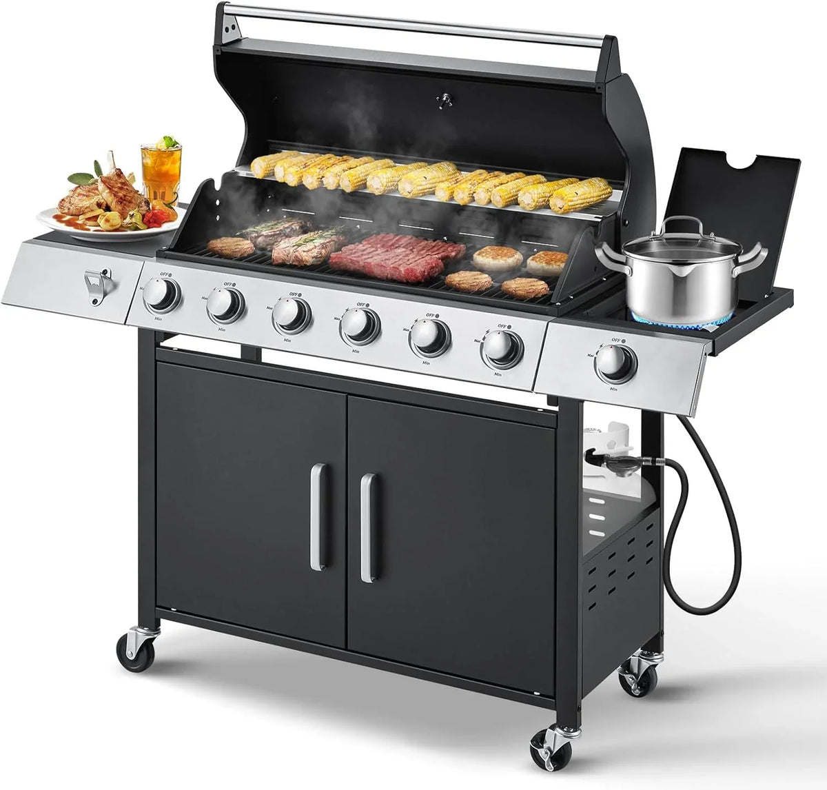 Upgraded 4 Burner Bbq Propane Gas Grill with Cast Iron Grates & Side Stove, 44,000 btu Stainless Steel Burner Barbecue Grill for Patio,…