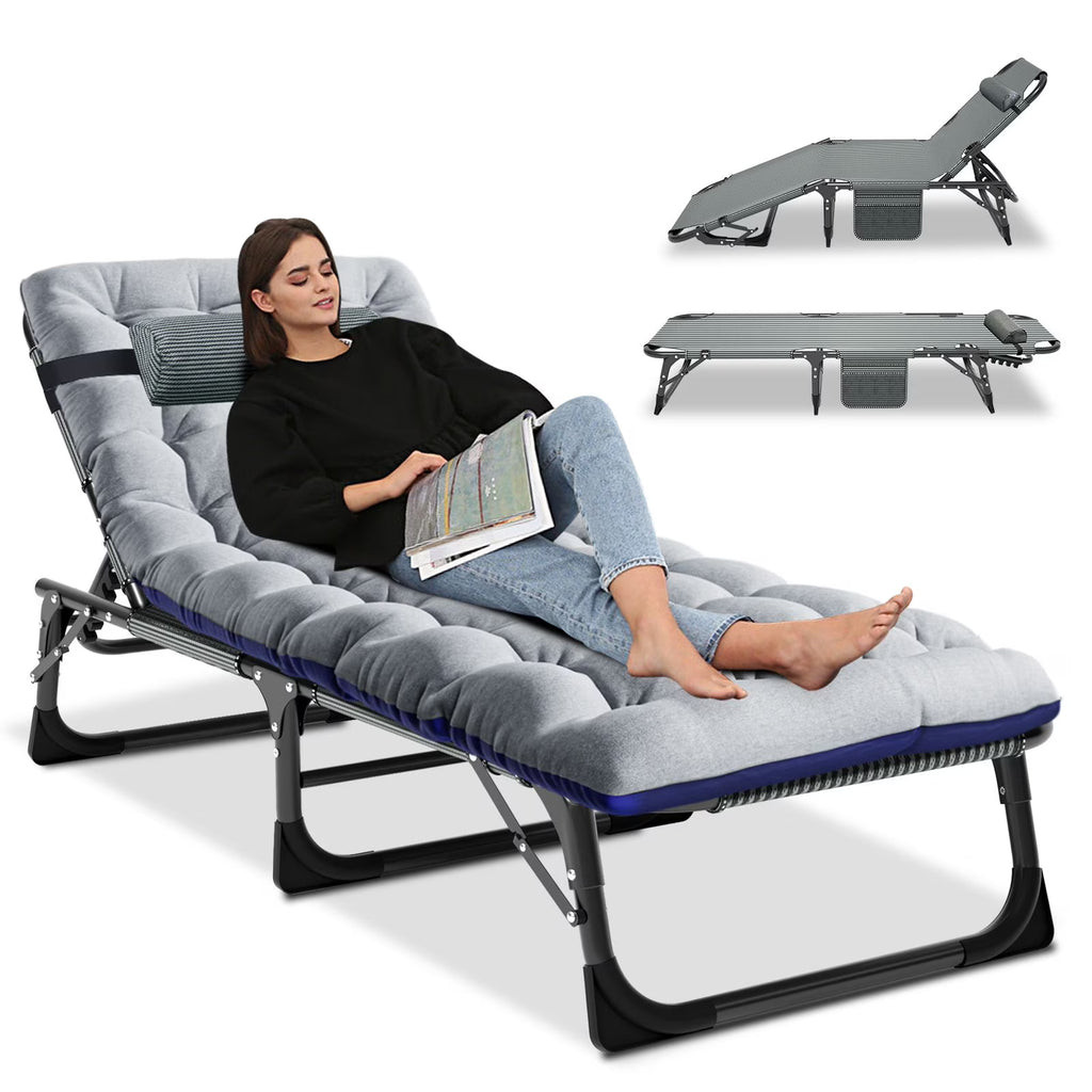 MOPHOTO Lounge Chair with Mattress, Outdoor Chaise Lounge Support 440 lb, Adjustable Portable Heavy Duty Sleeping Cots Bed for Camping, Pool, Beach, Patio