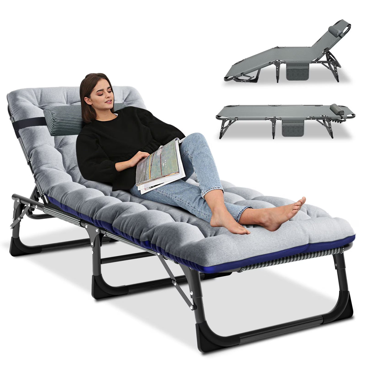 MOPHOTO Lounge Chair with Mattress, Outdoor Chaise Lounge Support 440 lb, Adjustable Portable Heavy Duty Sleeping Cots Bed for Camping, Pool, Beach, Patio