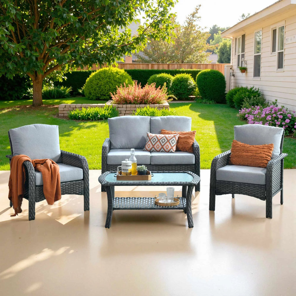 Ovios 4 Pieces Wicker Outdoor Patio Furniture with Coffee Table High Back All-Weather Rattan Outdoor Sectional Conversation Set for Backyard Porch Garden, Denim Blue