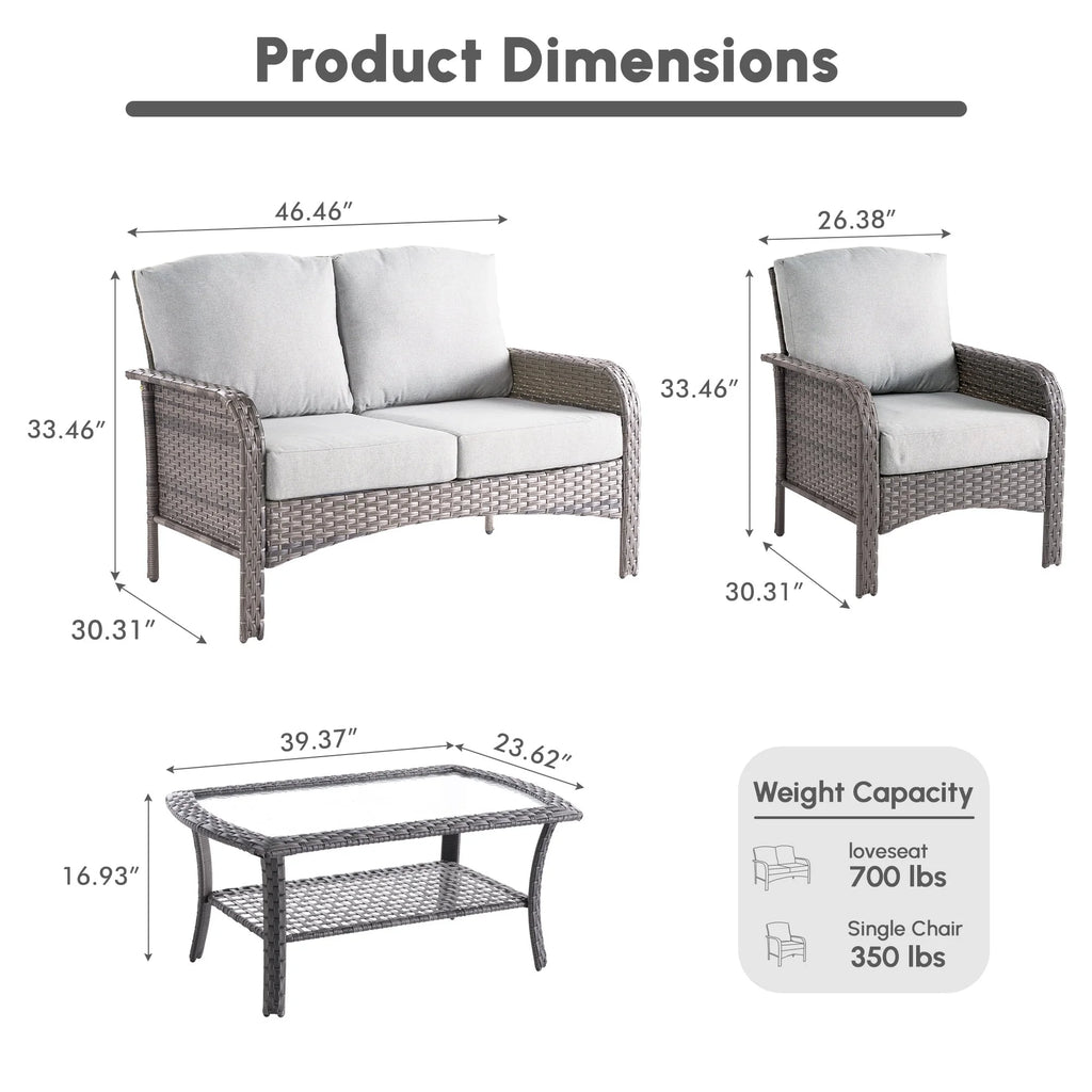 Ovios 4 Pieces Wicker Outdoor Patio Furniture with Coffee Table High Back All-Weather Rattan Outdoor Sectional Conversation Set for Backyard Porch Garden, Denim Blue