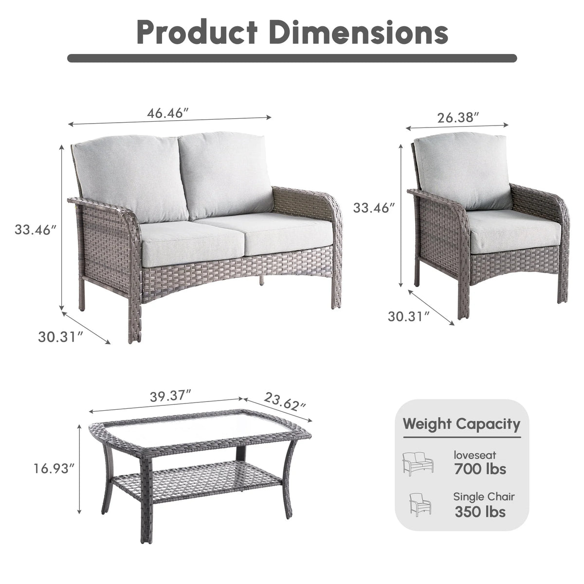 Ovios 4 Pieces Wicker Outdoor Patio Furniture with Coffee Table High Back All-Weather Rattan Outdoor Sectional Conversation Set for Backyard Porch Garden, Denim Blue