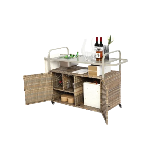 Yiweny Outdoor Rolling Wicker Bar Cart, Large Portable Outdoor Wicker Bar Table with Cabinet Storage and Glass Countertop, Patio Wicker Serving Bar Cart for Pool, Party, Backyard, Black