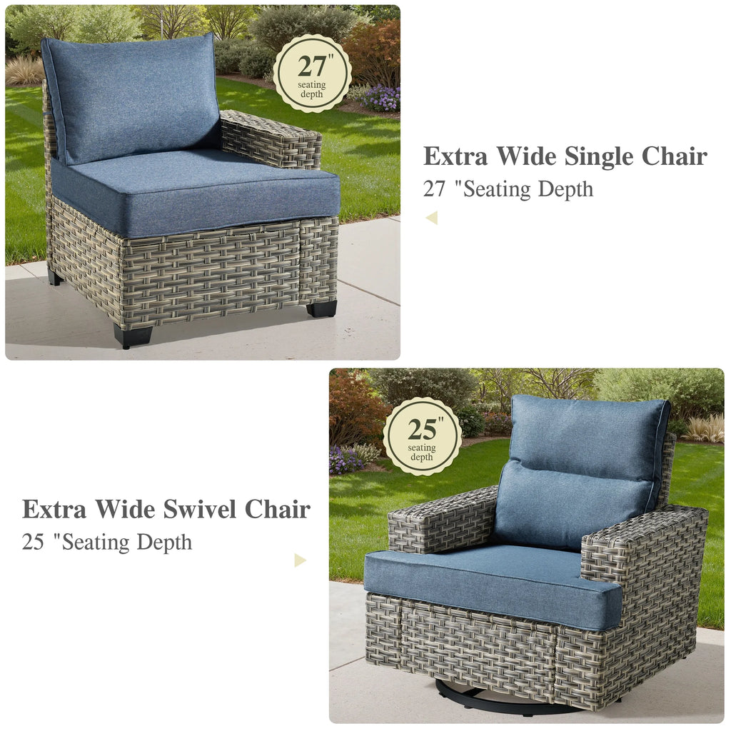 Ovios 10 Pieces Outdoor Patio Furniture Modern High - Back All - Weather Wicker Sectional Conversation Set with Propane Fire Pit Table & Swivel Chair, Dark Gray