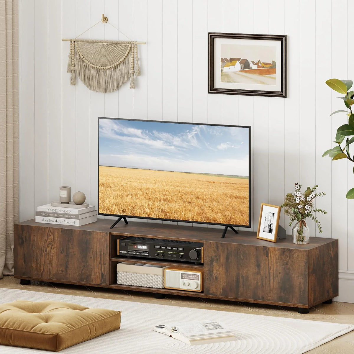 Tangkula Modern TV Stand 63”L Minimalist Entertainment Center w/ 2 Doors & Open Shelves