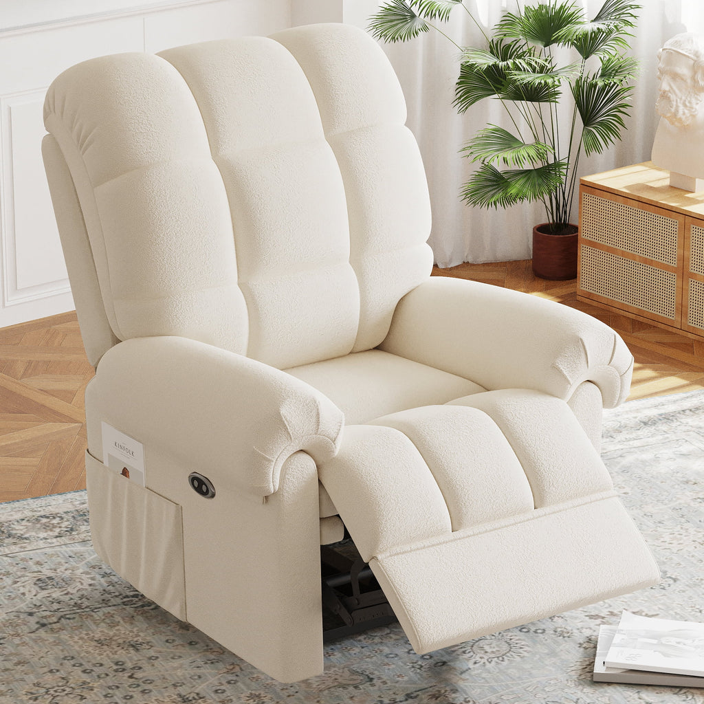 Power Recliner Chair, Electric Recline Sofa Chair for Adults with USB Port, Comfy Teddy Fleece Adjustable Cloud Sofa, Tool - Free Setup, Beige White