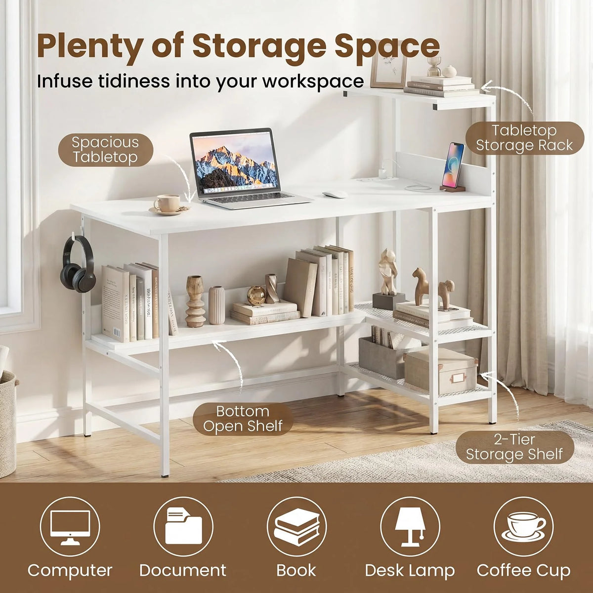 Tangkula 48" Reversible Computer Desk with Bookshelves & Power Outlets