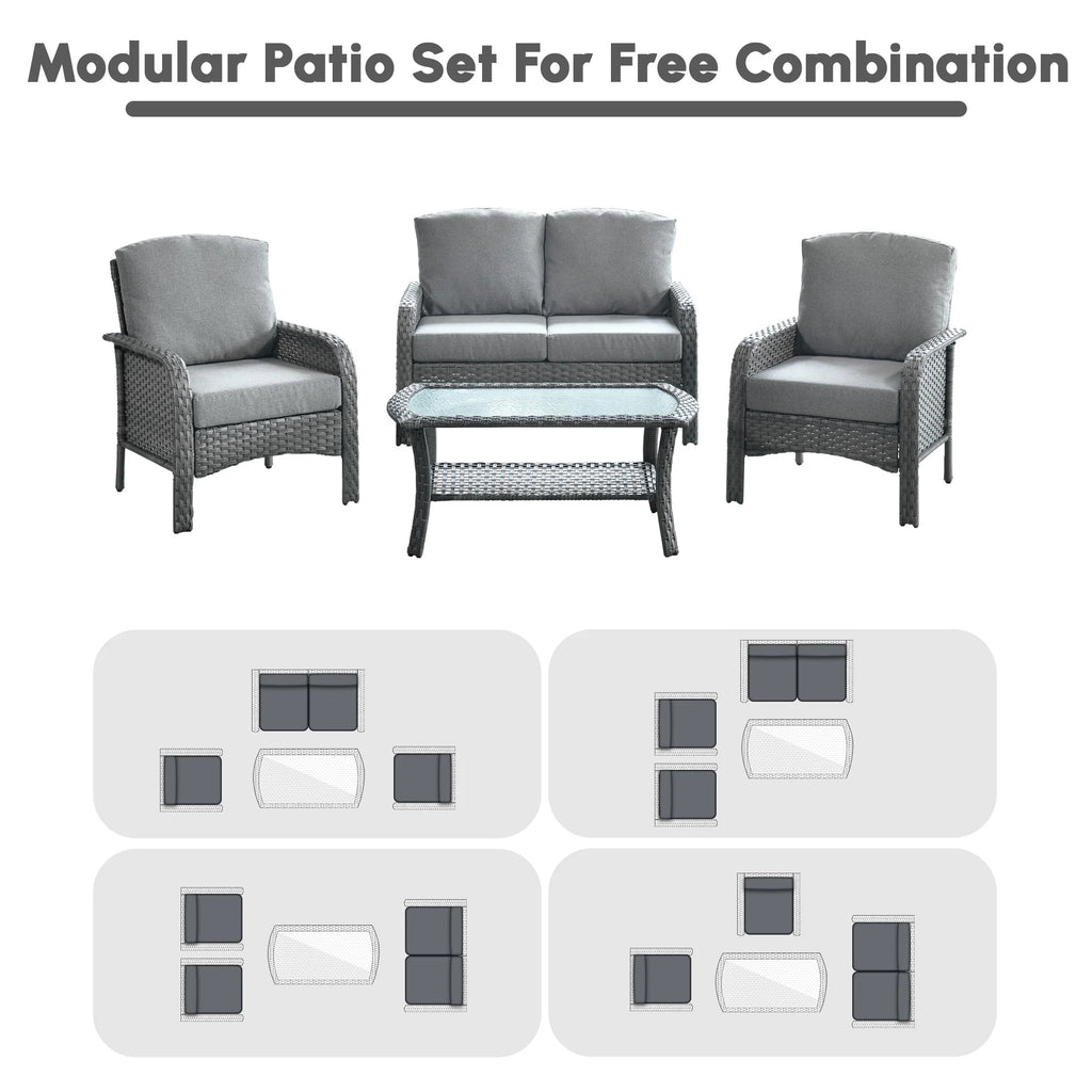 Ovios 4 Pieces Wicker Outdoor Patio Furniture with Coffee Table High Back All-Weather Rattan Outdoor Sectional Conversation Set for Backyard Porch Garden, Denim Blue